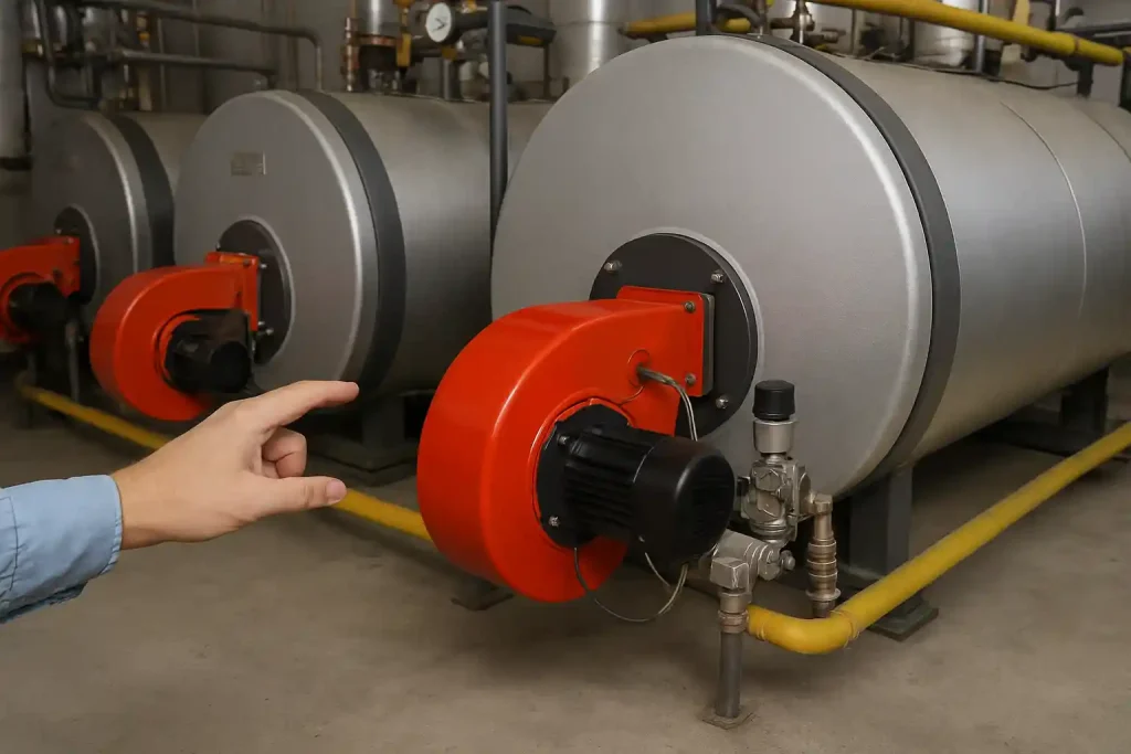 مشعل صنعتی نصبشده روی دیگ آب داغ