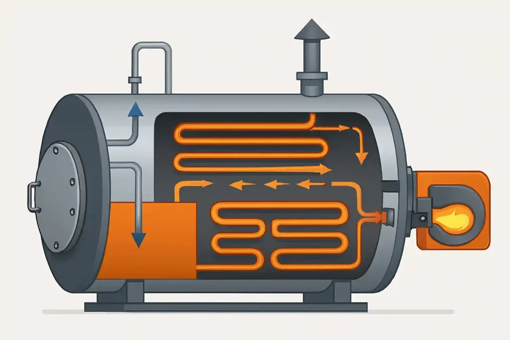 نمای کلی افقی دیگ روغن داغ با عایق حرارتی و اجزای داخلی