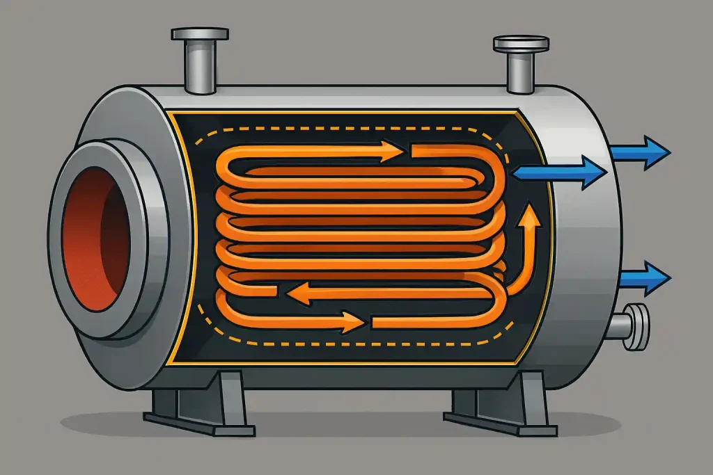 نمای برش خورده داخلی دیگ روغن داغ با کویل‌ها و محفظه احتراق