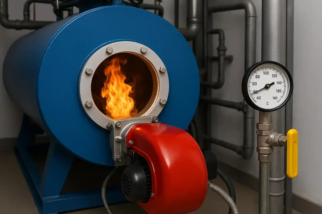 نمای برش خورده داخلی دیگ روغن داغ با کویل‌ها و محفظه احتراق