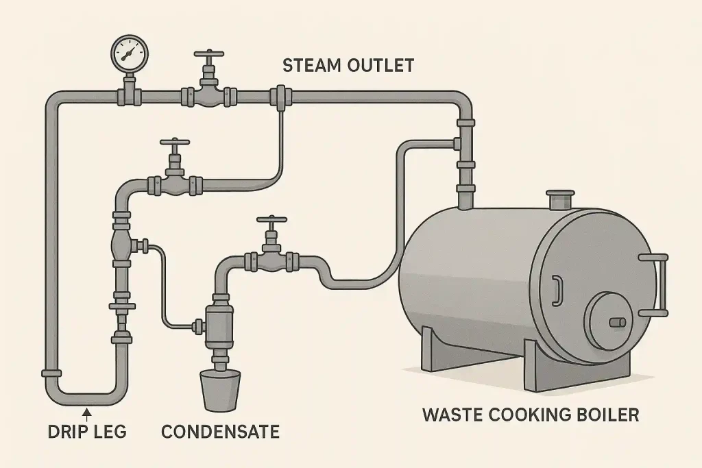 مسیر استاندارد لوله بخار در سیستم دیگ پخت ضایعات