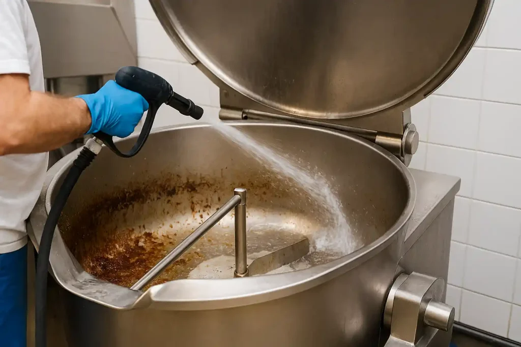 تمیزکاری دیگ پخت استیل ضدزنگ در صنایع غذایی