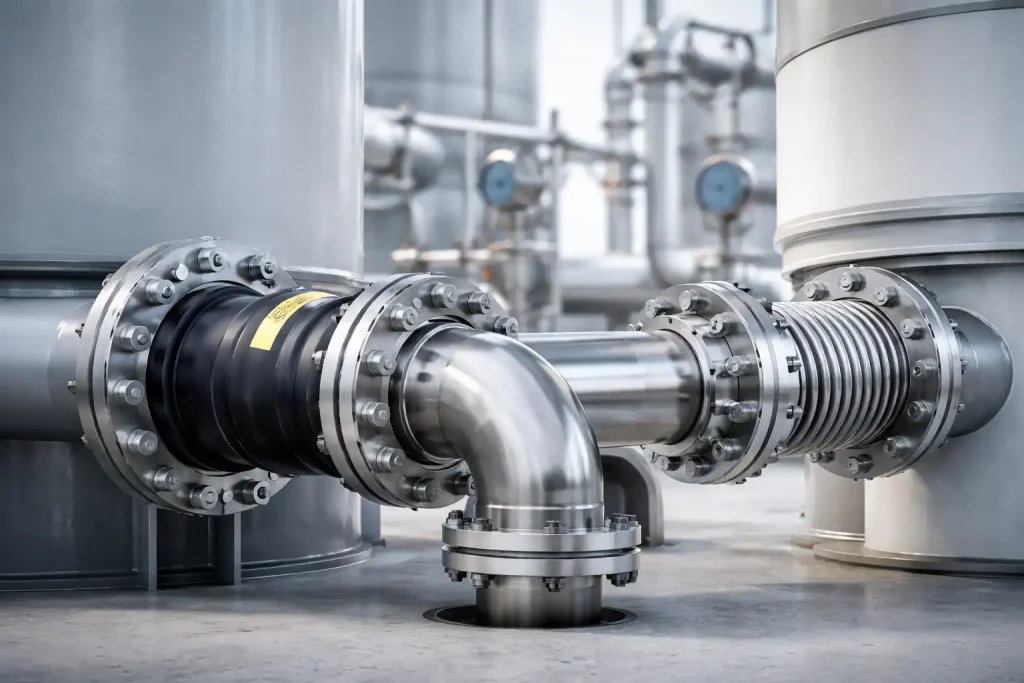 نصب لرزه‌گیر بین مخزن و خط لوله برای جذب ارتعاشات و تنش‌های مکانیکی