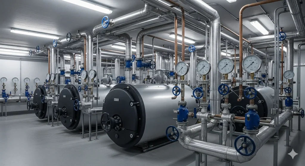 چیدمان تجهیزات گرمایشی و دیگ آب داغ در موتورخانه ساختمان بلندمرتبه