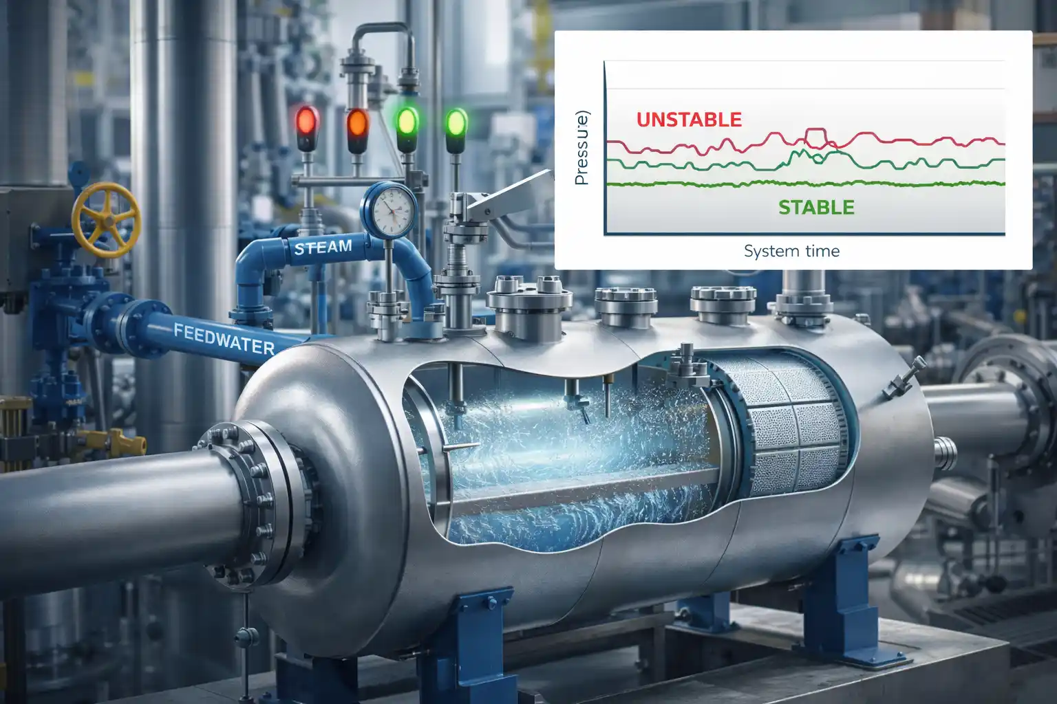 تأثیر طراحی درام بخار بر پایداری فشار سیستم؛ تحلیل مهندسی، عوامل کلیدی و راهکارها